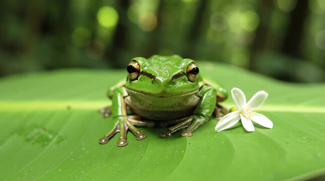Vibrant green tree frog rests on lush leaf next to delicate white flower, captured in an atmospheric close-up revealing intricate details and serene natural beauty