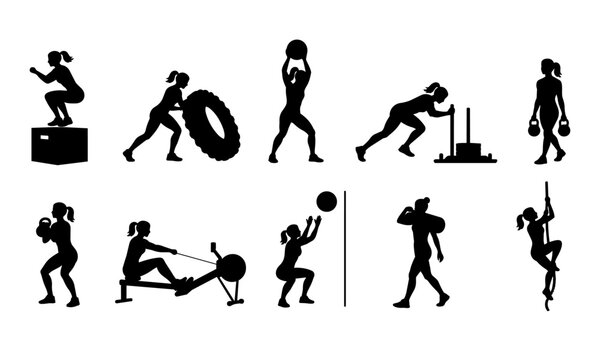 Functional fitness training silhouette vector set