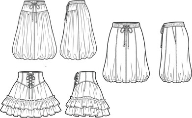Women fashion technical flat sketch template set of various skirts front and side view vector © Md Atiar Rahman