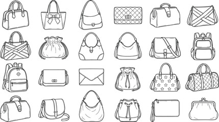 Fototapeta premium Women handbags collection vector illustration line art icons set of various purse and backpack