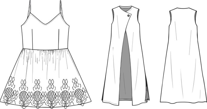 Women fashion technical flat sketch template of camisole dress and sleeveless long coat vest vector