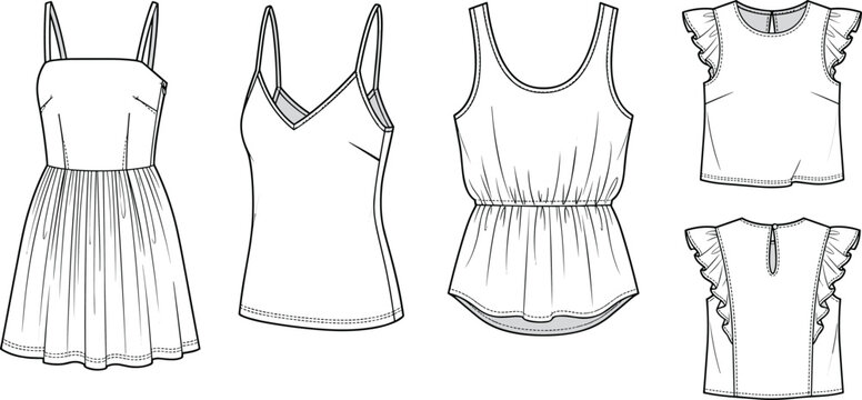 Women fashion technical flat sketch template set including dress camisole and ruffle sleeve top vector