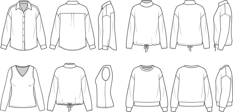 Women fashion technical flat sketch template set including shirt sweatshirt and top vector illustration