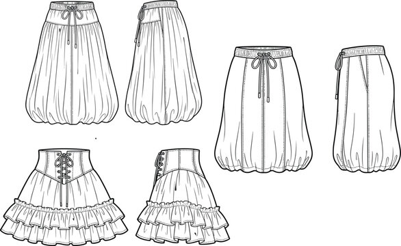 Women fashion technical flat sketch template set of various skirts front and side view vector