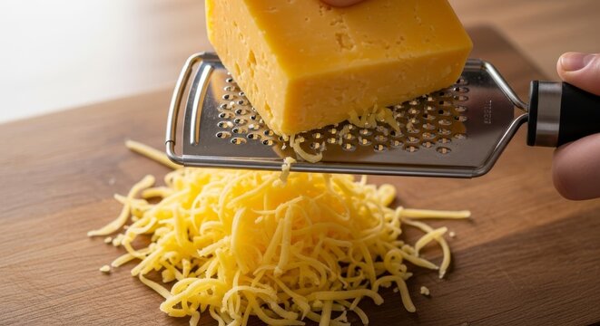 High-angle close-up of fresh yellow hard cheese being shredded with a stainless steel box grater onto a rustic wooden kitchen surface, kitchen, fresh, kitchenware