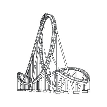 Rollercoaster structure features steel tracks and a loop for an amusement park ride.