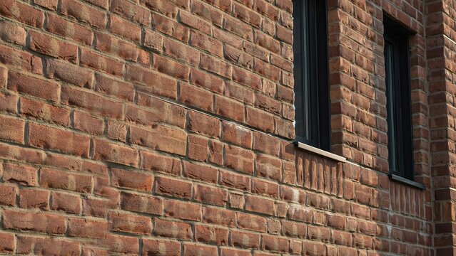 Brick wall exterior features aged red clay masonry textures and two symmetrical black rectangular window frames.