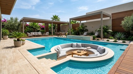 Fototapeta premium Luxury Backyard Pool with Hot Tub and Lounge Area.
