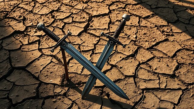 Two rusted longswords crossed and planted in cracked, dry earth.