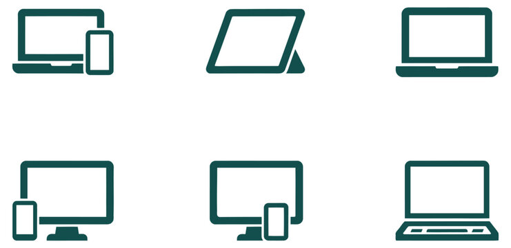 Green computer and mobile device on white background, laptop, tablet, monitor mobile phone