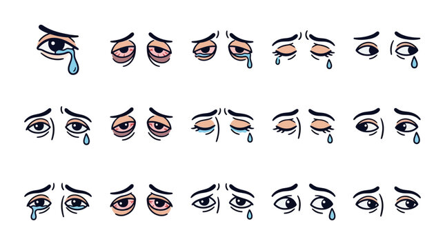 Set of Hand Drawn Crying and Sad Human Eyes Expressions