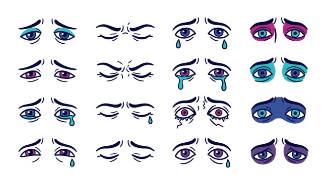 Set of Hand Drawn Human Eyes Expressing Sadness and Crying