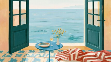 Obraz premium Open doors leading to a beautiful mediterranean sea view with table and wine