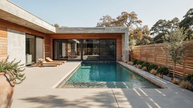Poolside terrace showcases a modern house with wood paneling and clear water surrounded by natural outdoor greenery.