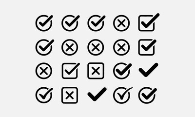 Set cross mark icons in circle, checklist signs, flat checkmark badge, isolated tick symbols © Bharot Chandrabd45