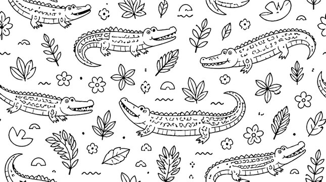 Detailed black and white crocodile and foliage pattern.