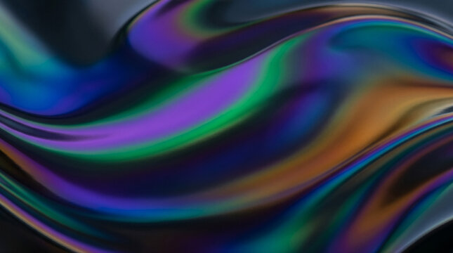 Abstract dark cyber wave background with glossy blue, green, purple and gold light flows, smooth futuristic gradient texture for tech banners and digital design.