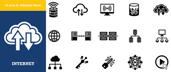 Fototapeta premium Set of fifteen internet and cloud computing icons for data transfer and network systems.