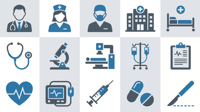 Hospital staff and medical equipment icon set, surgeon scanner bed and scalpel elements, for clinical diagnostic design, blue grey flat style , vector illustration