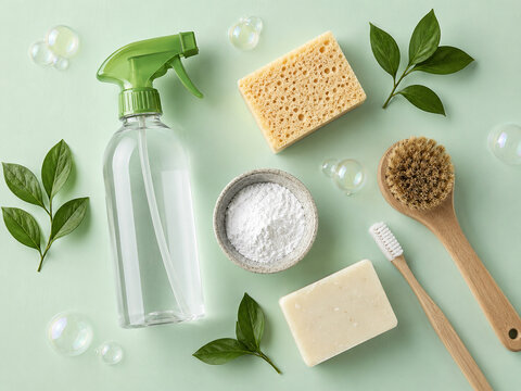 Produits de nettoyage naturels et accessoires m&eacute;nagers sur fond vert pastel