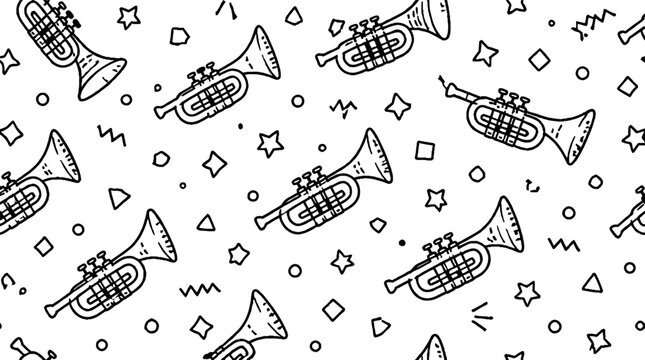 Repeating pattern of brass musical instruments and stars.