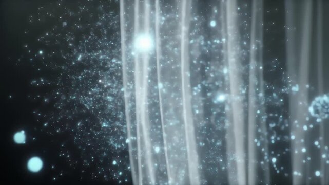 Abstract scene with vertical light strands and shimmering blue orbs against a dark gradient display