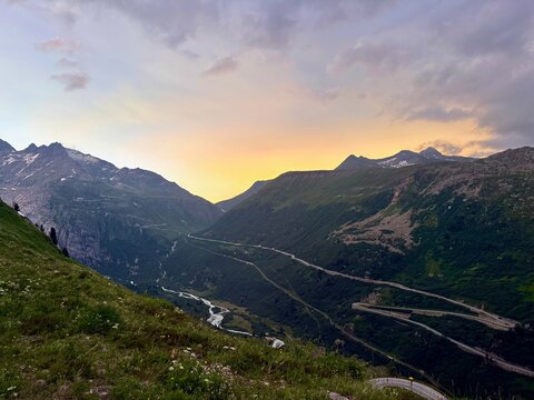 Dusk over the Gletsch valley from above the Grimsel Pass the young