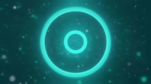Abstract teal neon rings orbit a glowing center in a dark, speckled space-like background. Soft glow