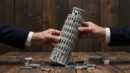 Obraz premium Two hands assemble a tilted Lego Leaning Tower of Pisa on wooden surface.
