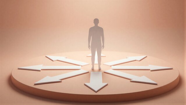 Silhouette stands before arrows, symbolizing choices and life's uncertain path ahead.