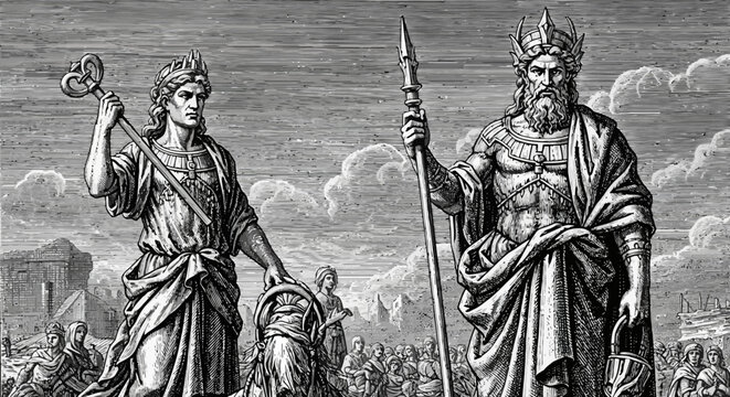 Classical mythological engraving of a mighty sea god with trident and a messenger deity with caduceus, ancient powerful figures