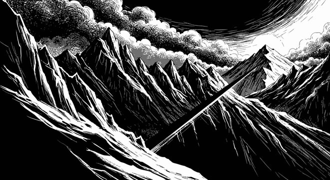 Dramatic Black and White Mountain Landscape: Rugged Peaks Under Stormy Skies, High Contrast Engraving Style Illustration
