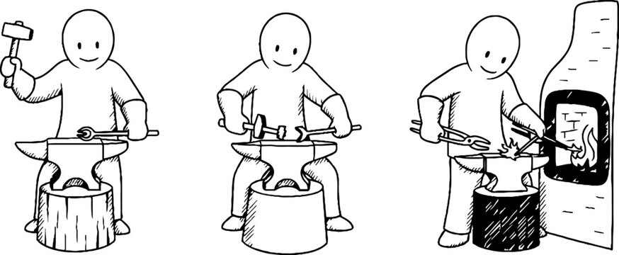Cartoon characters working with blacksmith tools and furnace.