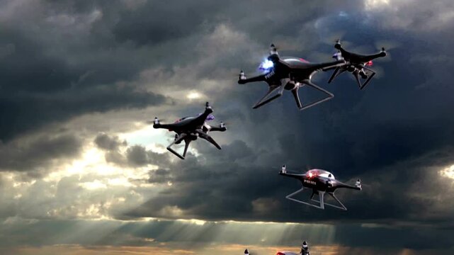 Futuristic police drones taking off for security surveillance mission in 4K Ultra HD footage
