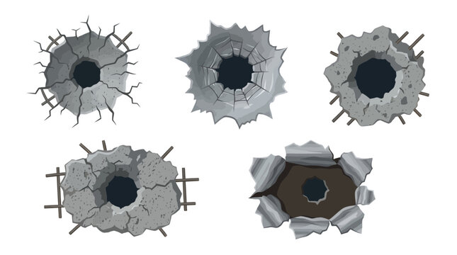 Bullet holes in concrete wall set vector illustration