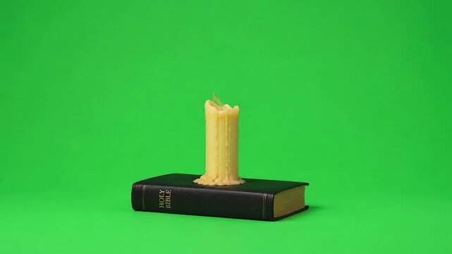 Burning candle on a Holy Bible green screen