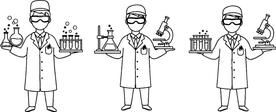 Cartoon scientists holding laboratory equipment and tools.
