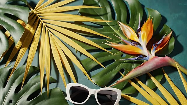 Playful tropical still life featuring white sunglasses, a pebble bowl, and vibrant leaves with a pink bird