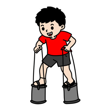 Hand drawn boy coconut shell stilts egrang race icon doodle vector independence day element