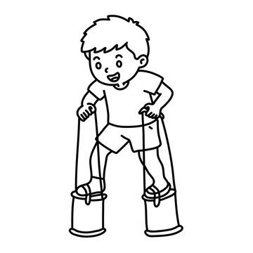 Hand drawn boy coconut shell stilts egrang race icon doodle vector independence day outline