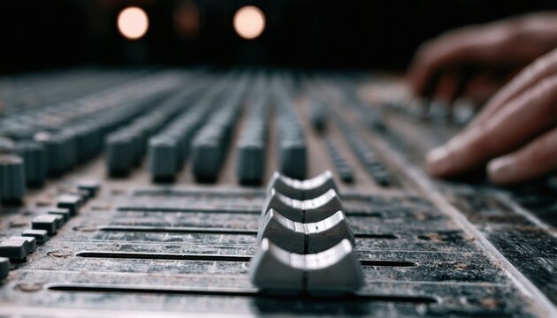 Audio mixing board fader close-up with hand adjusting controls in a studio setting