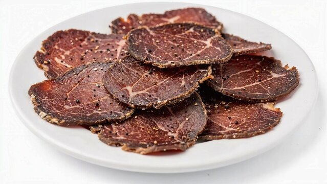 Slices of gourmet beef bresaola on a white plate