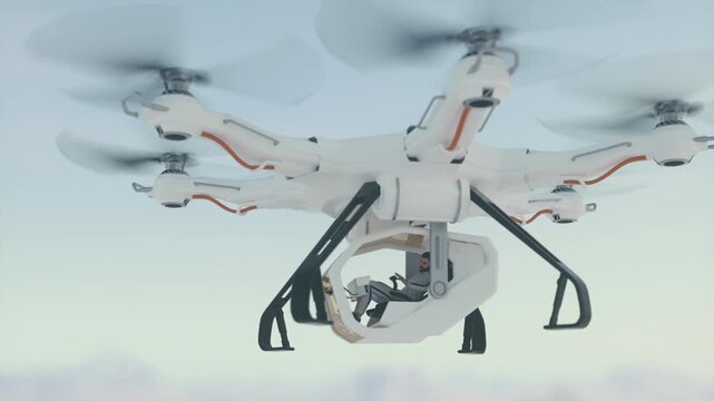 Vertical portrait view of futuristic eVTOL air taxi traffic flying in sky in 4K Ultra HD footage
