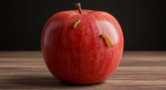 Vibrant red apple with tiny green worms crawling on its glossy surface softly lit on a rustic wooden table. AI Generated