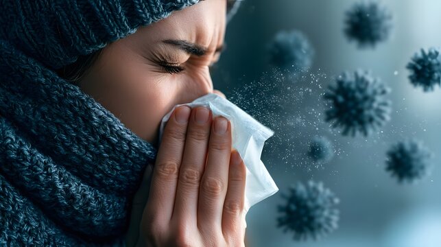 Woman sneezing into tissue with virus particles in the air