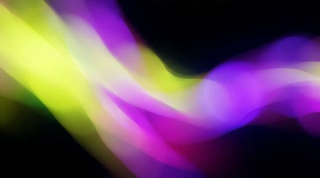 Abstract dark neon wave background with lime yellow and purple light flows, smooth futuristic gradient texture for tech banners and digital design.
