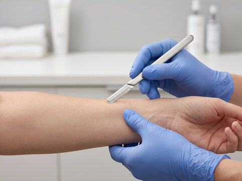 Doctor using medical scalpel for skin scraping test on patient's forearm