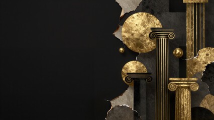 Naklejka premium Golden columns and circular discs against a cracked black background.