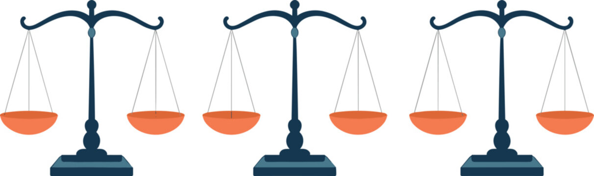 Flat vector illustration of three scales of justice representing law, legal equality, balance, honesty, and judicial system court elements
