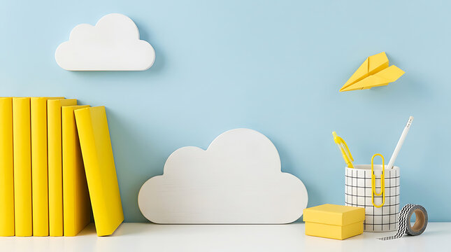 A person studies near books, clouds, and paper planes on a shelf indoors.